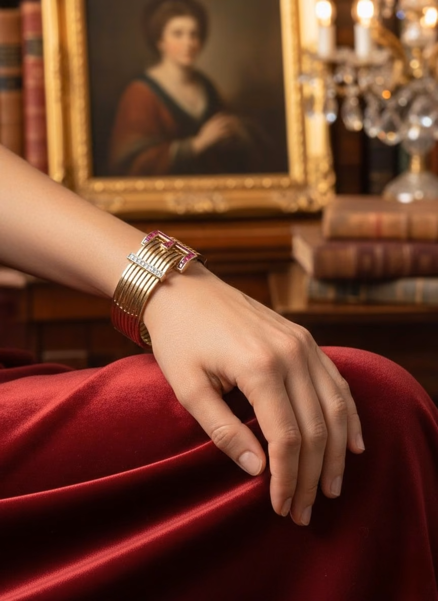 Art Deco gold buckle bracelet with rubies and diamonds