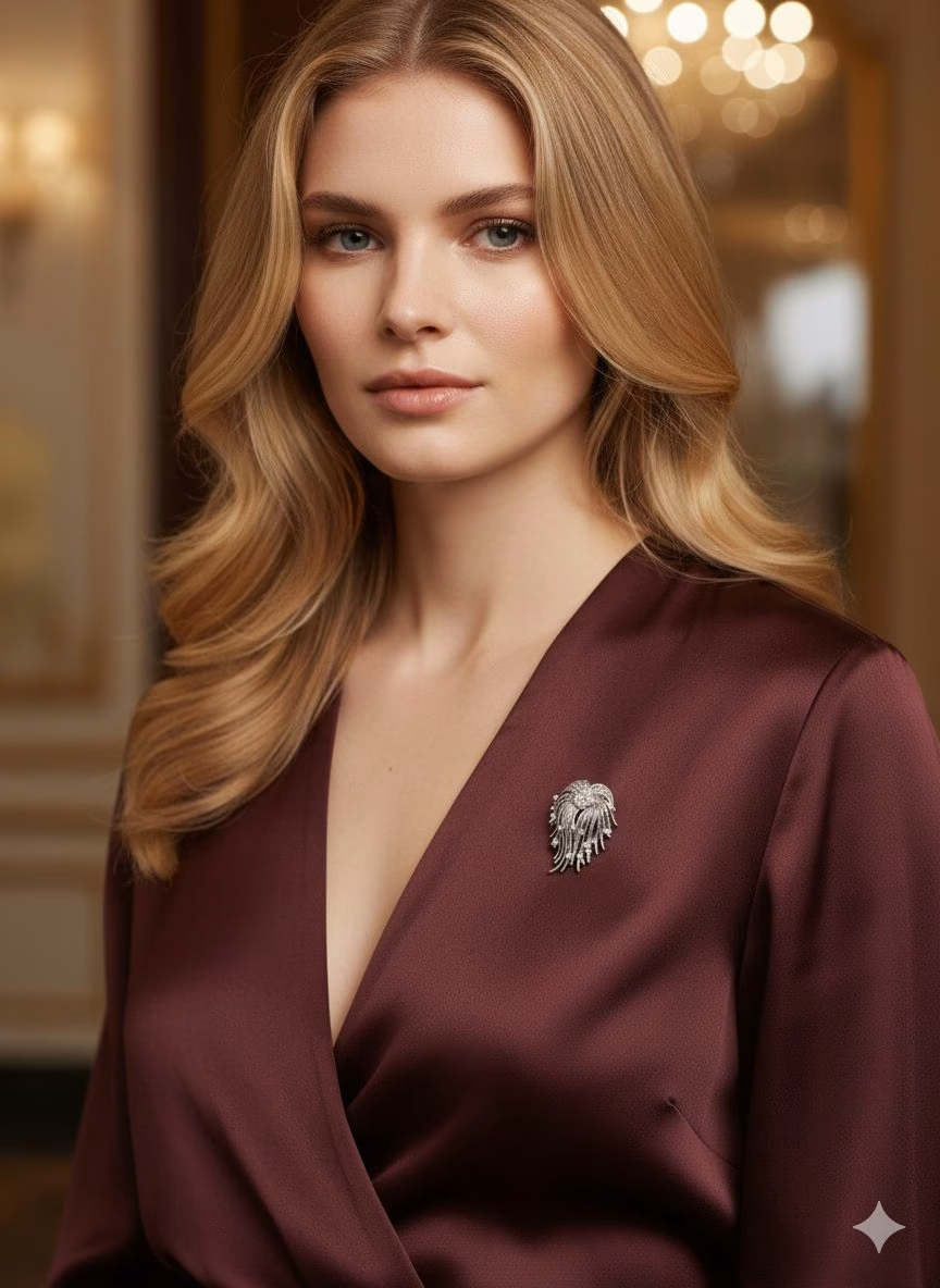 Diamond plume spray brooch on burgundy satin
