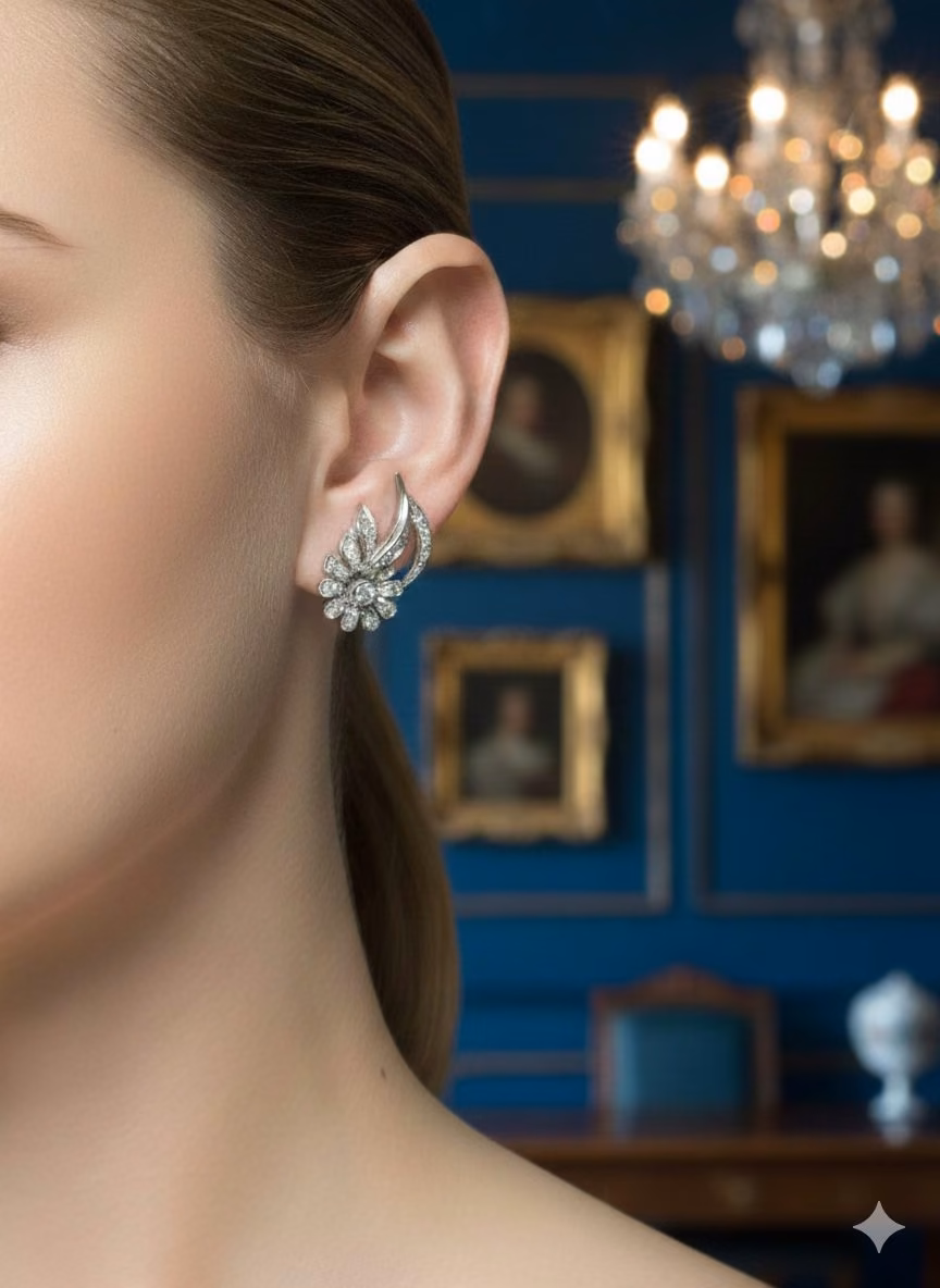 Diamond flower spray ear clips