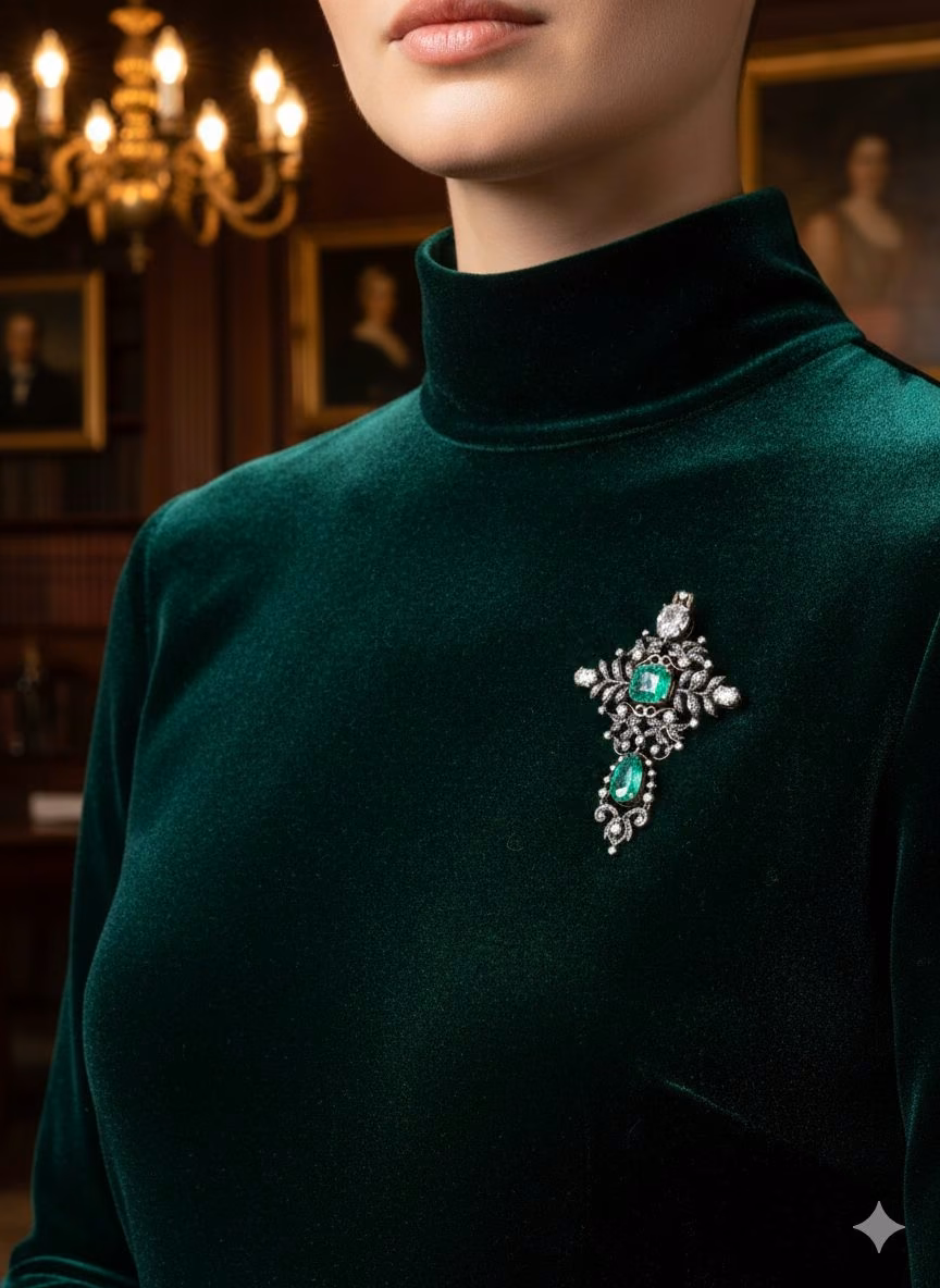 Emerald and diamond pendant brooch on green velvet