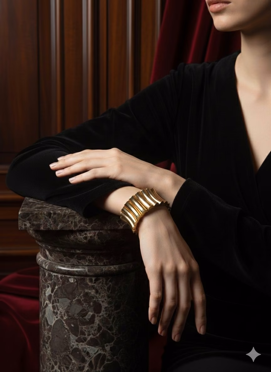 Fluted gold cuff bracelet worn with black velvet