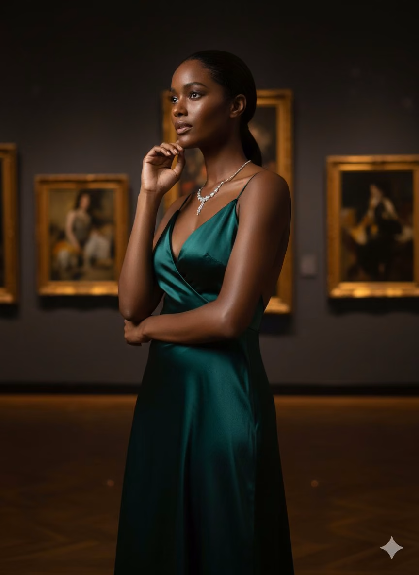 Woman in an emerald gown wearing a diamond necklace in a gallery of gilt-framed paintings