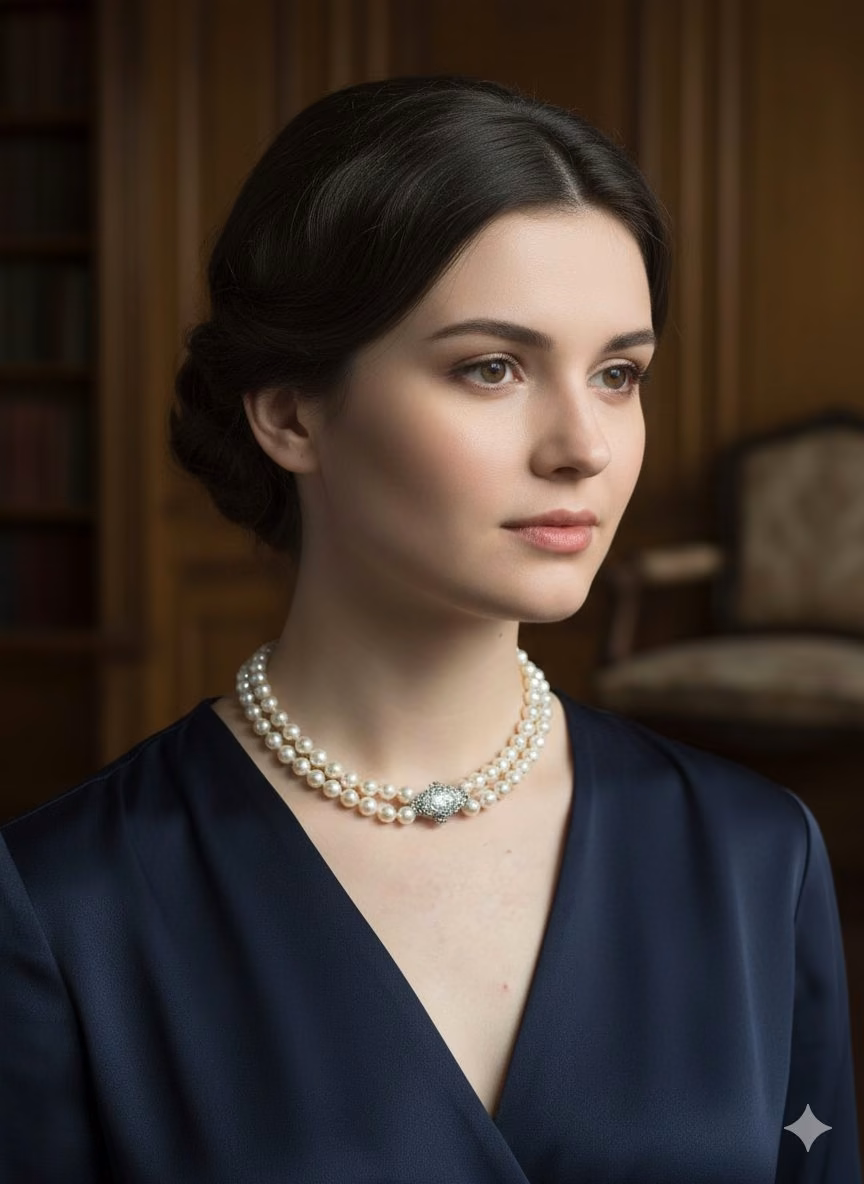 Double strand pearl choker with diamond cluster clasp