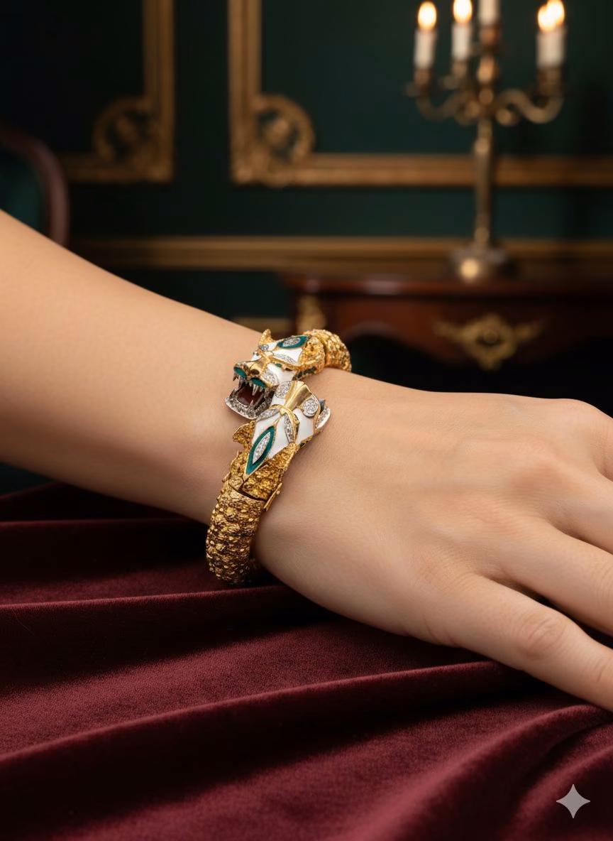 Gold tiger head bracelet with enamel and diamonds